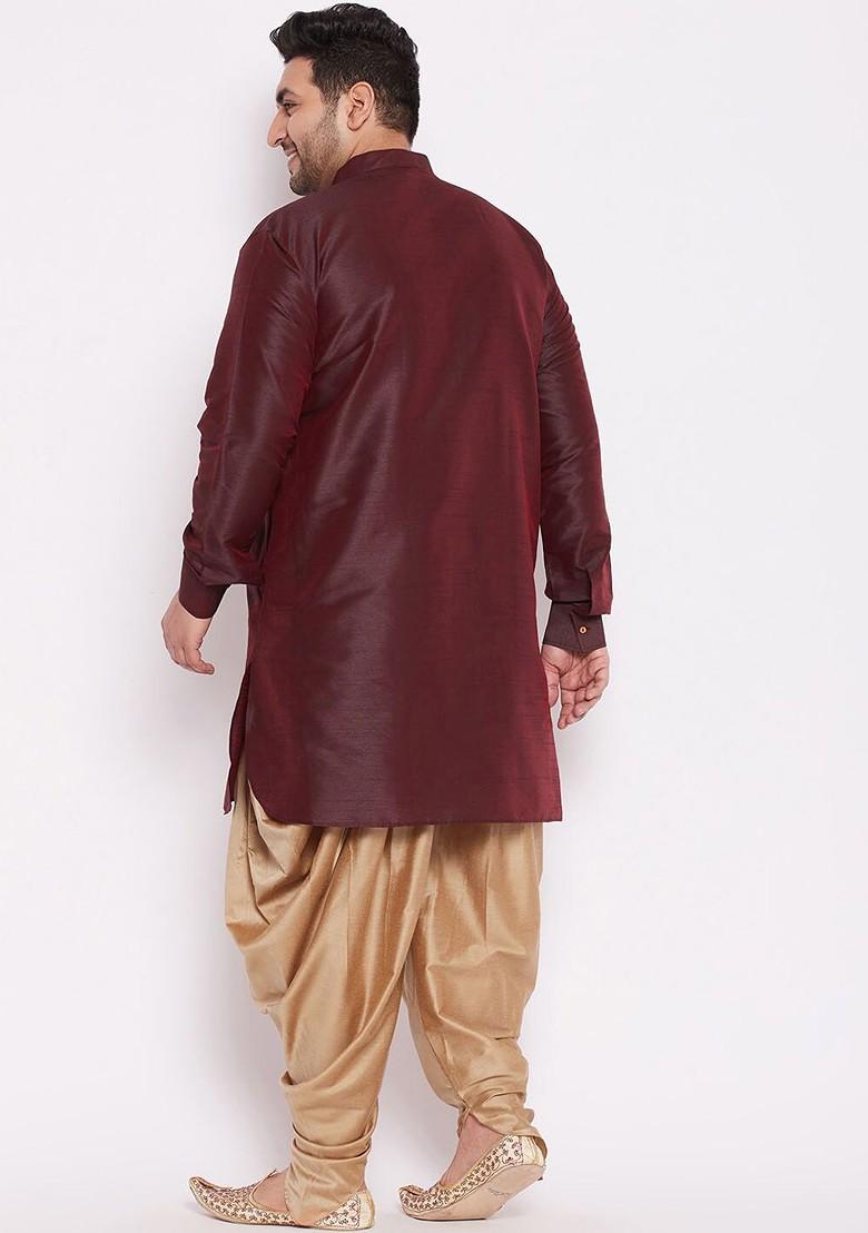 Burgundy Solid Poly Blend Kurta Set For Men