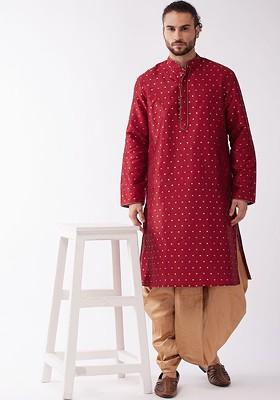 Maroon Geometric Print Poly Blend Kurta Set For Men