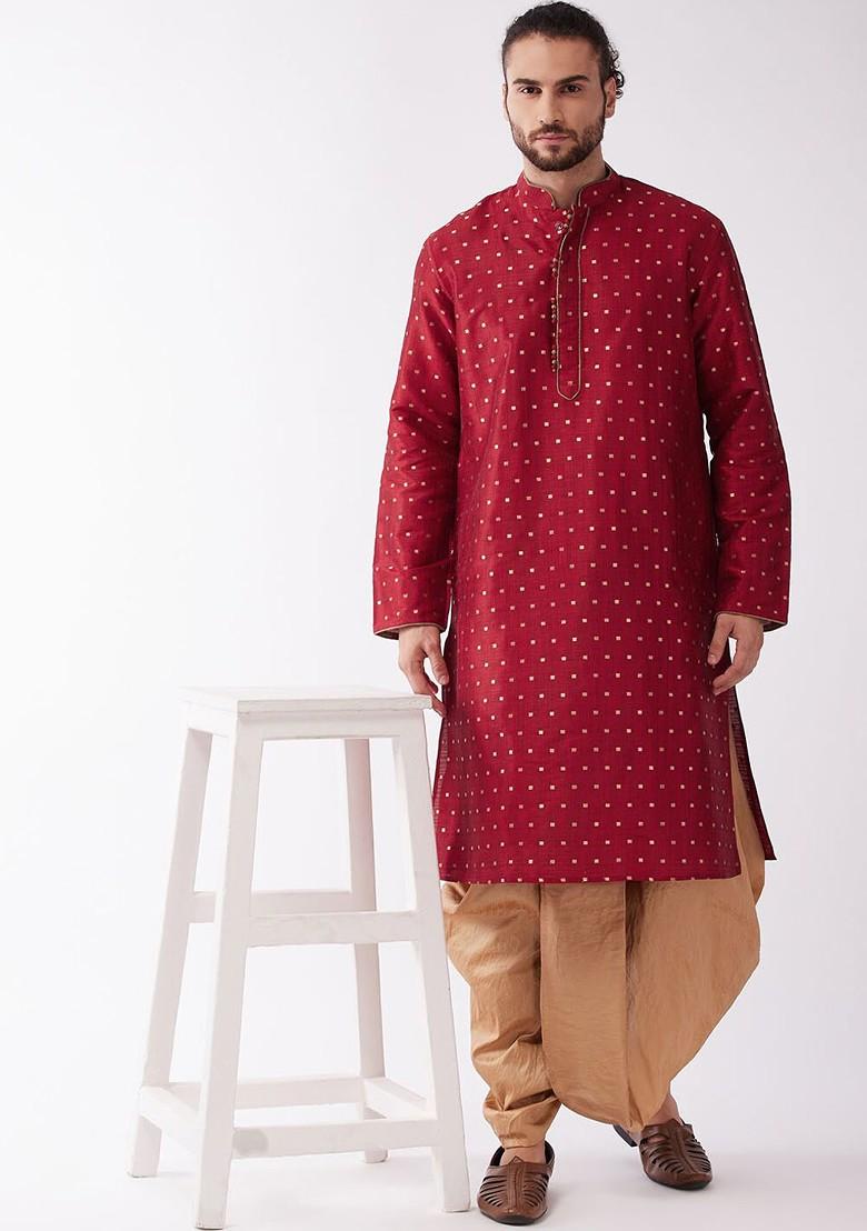 Maroon Geometric Print Poly Blend Kurta Set For Men