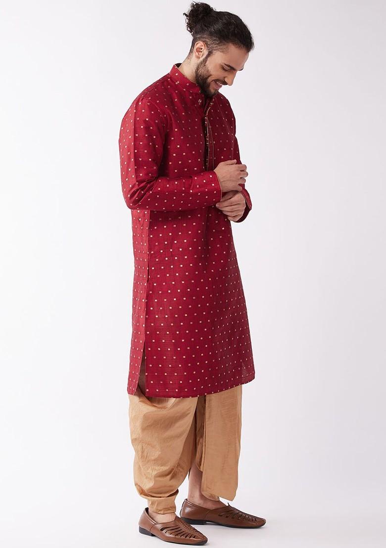 Maroon Geometric Print Poly Blend Kurta Set For Men