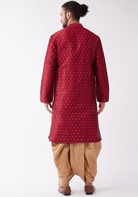 Maroon Geometric Print Poly Blend Kurta Set For Men