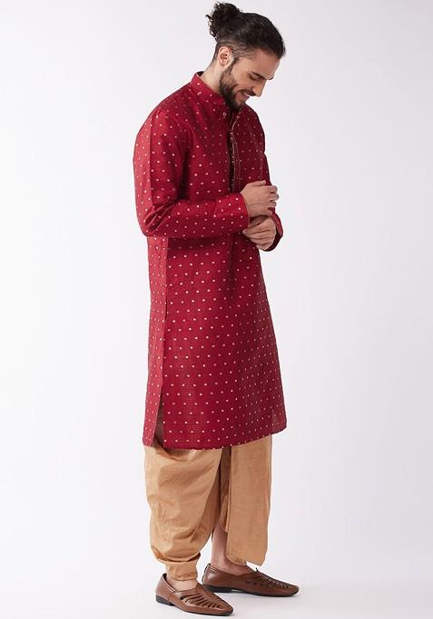 Maroon Geometric Print Poly Blend Kurta Set For Men