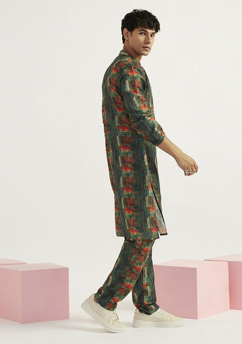 Green Geometric Print Crepe Kurta Set For Men