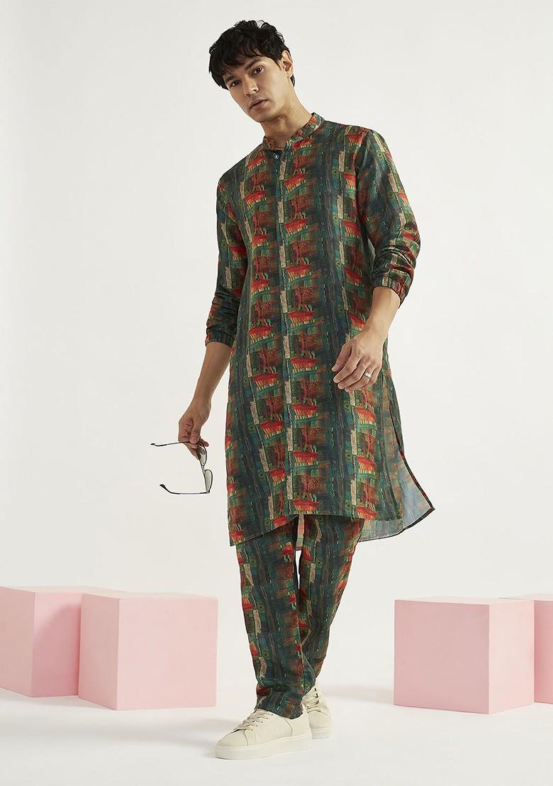 Green Geometric Print Crepe Kurta Set For Men