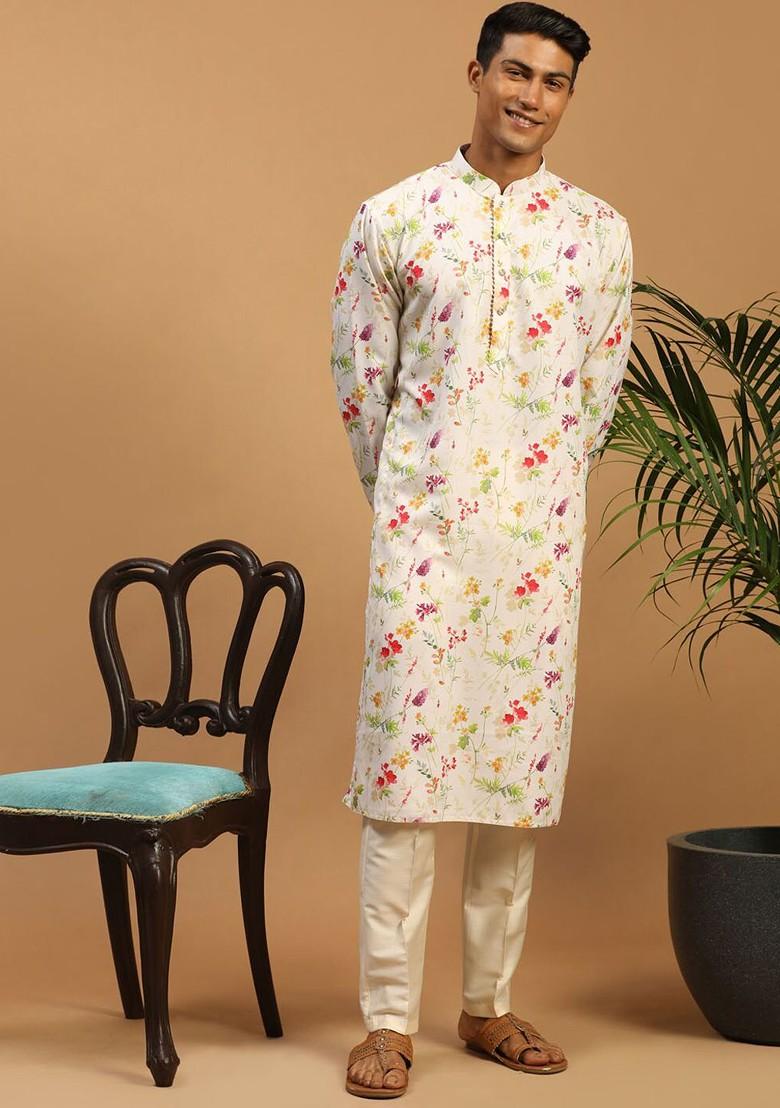 Cream Floral Print Poly Blend Kurta Set For Men