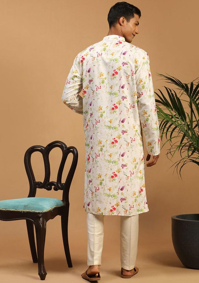 Cream Floral Print Poly Blend Kurta Set For Men