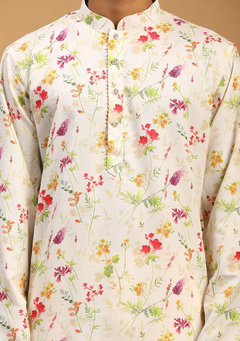 Cream Floral Print Poly Blend Kurta Set For Men
