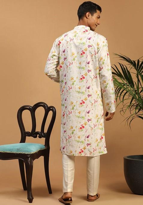 Cream Floral Print Poly Blend Kurta Set For Men