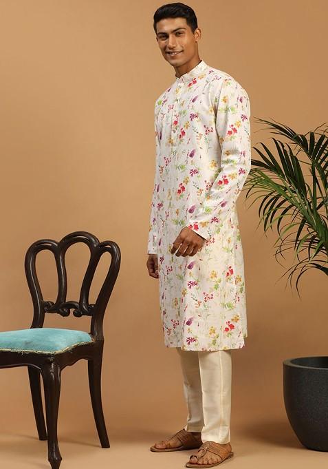 Cream Floral Print Poly Blend Kurta Set For Men