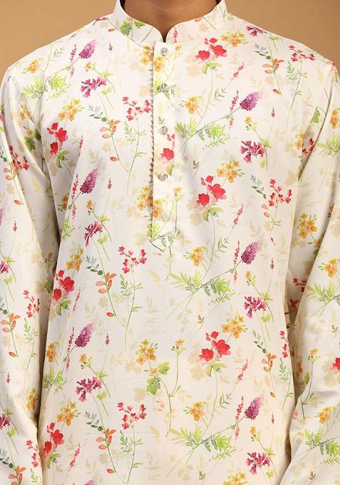 Cream Floral Print Poly Blend Kurta Set For Men