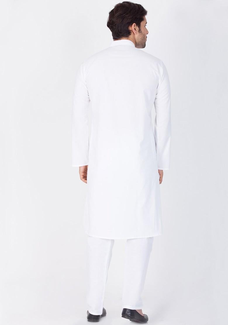 White Solid Poly Blend Kurta Set For Men