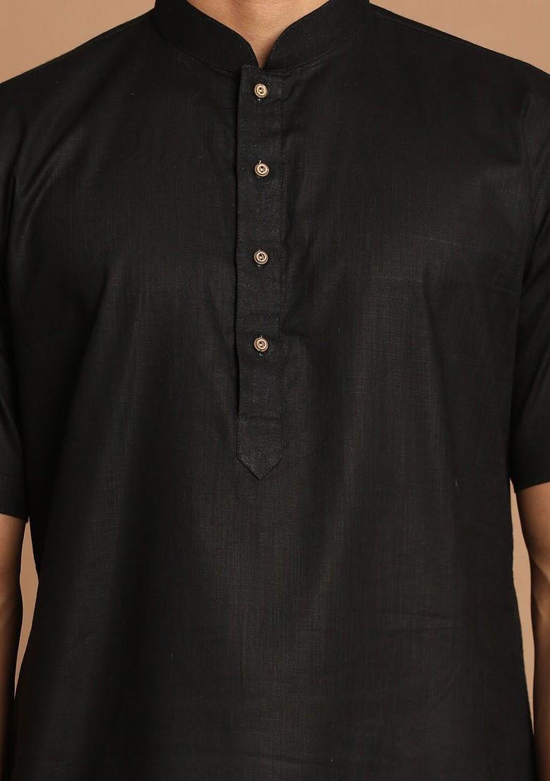 Black Solid Poly Blend Kurta Set For Men