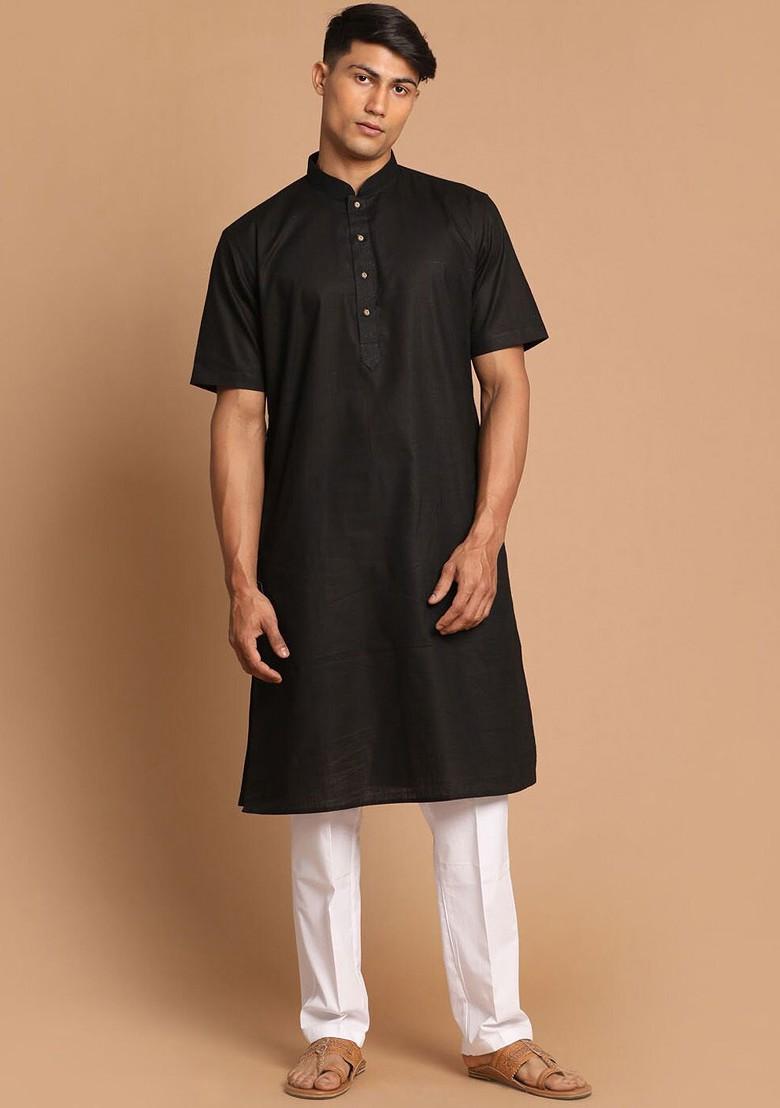 Black Solid Poly Blend Kurta Set For Men