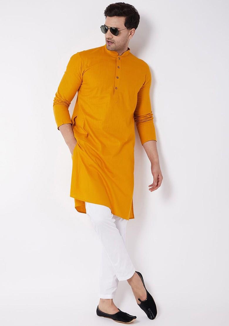 Mustard Solid Poly Blend Kurta Set For Men