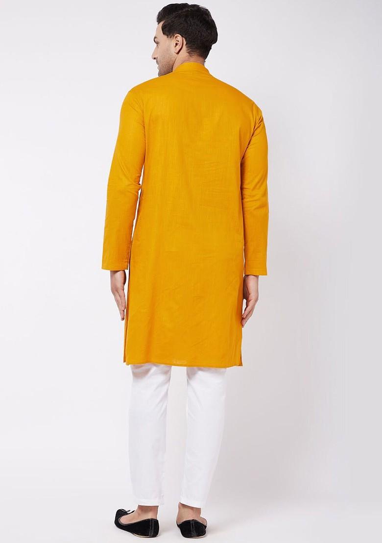 Mustard Solid Poly Blend Kurta Set For Men
