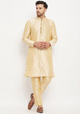 Gold Woven Poly Blend Kurta Set For Men