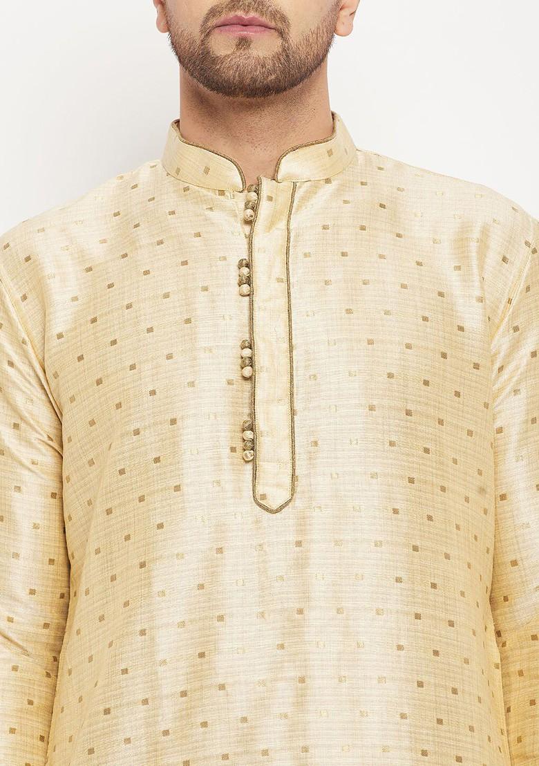 Gold Woven Poly Blend Kurta Set For Men