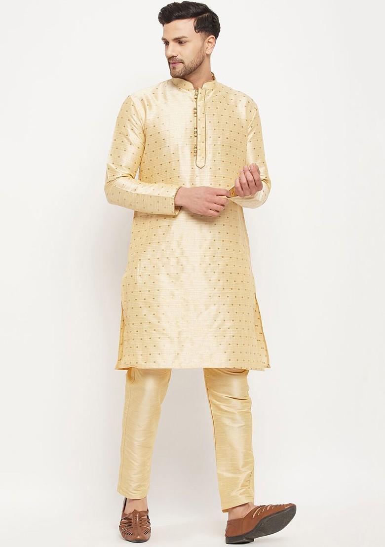 Gold Woven Poly Blend Kurta Set For Men