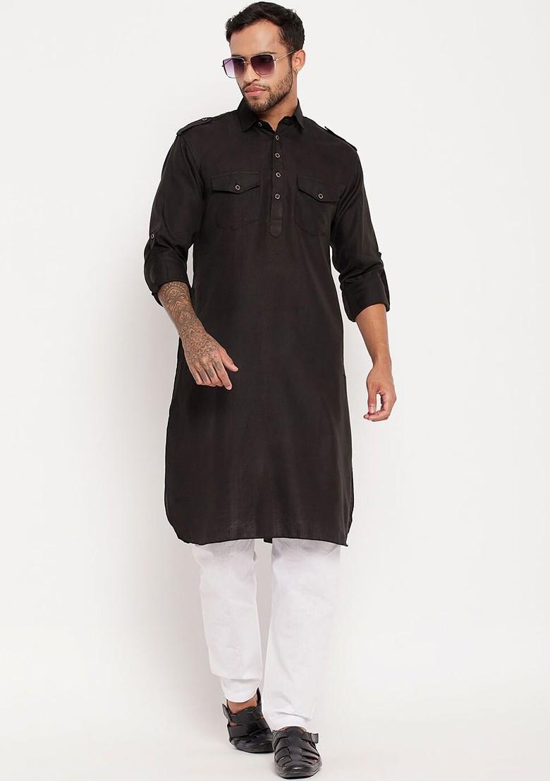 Black Solid Pathani Kurta Set For Men