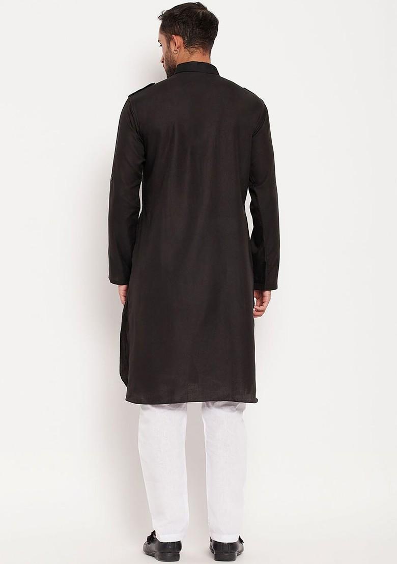 Black Solid Pathani Kurta Set For Men