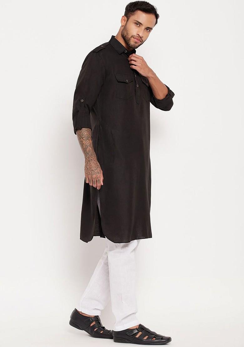 Black Solid Pathani Kurta Set For Men