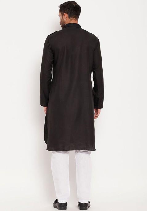 Black Solid Pathani Kurta Set For Men