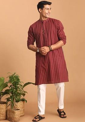 Maroon Woven Cotton Kurta Set For Men