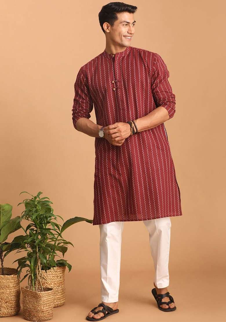 Maroon Woven Cotton Kurta Set For Men - Indya