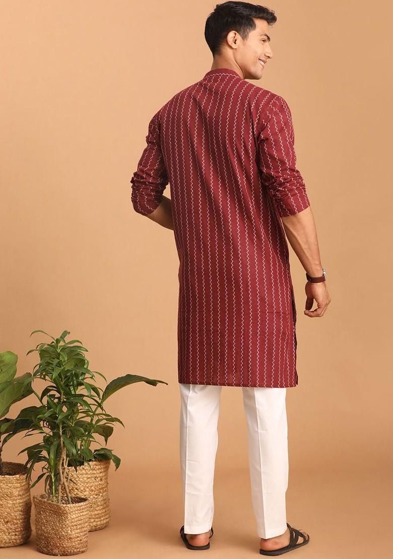 Maroon Woven Cotton Kurta Set For Men