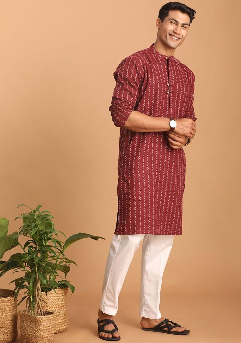 Maroon Woven Cotton Kurta Set For Men
