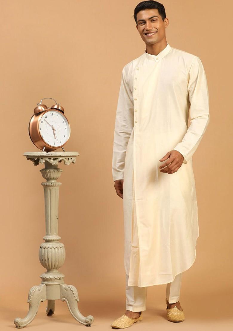 Cream Solid Poly Blend Kurta Set For Men