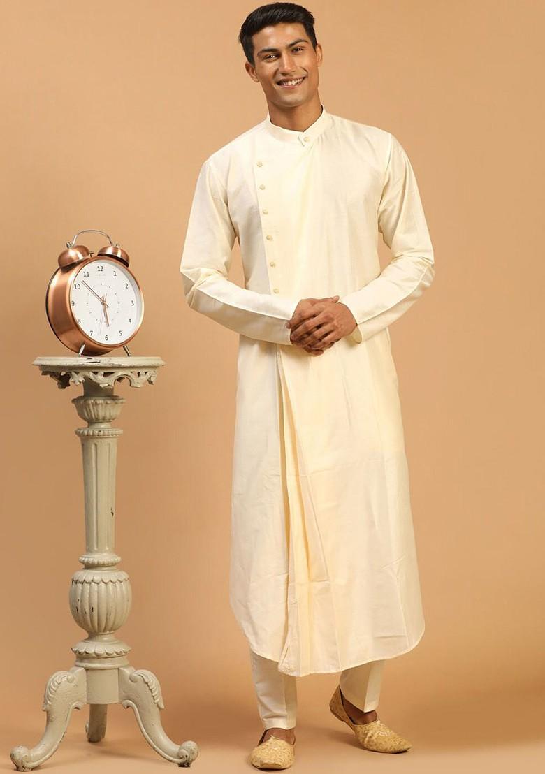 Cream Solid Poly Blend Kurta Set For Men