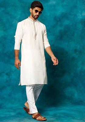 Cream Thread Work Poly Blend Kurta Set For Men