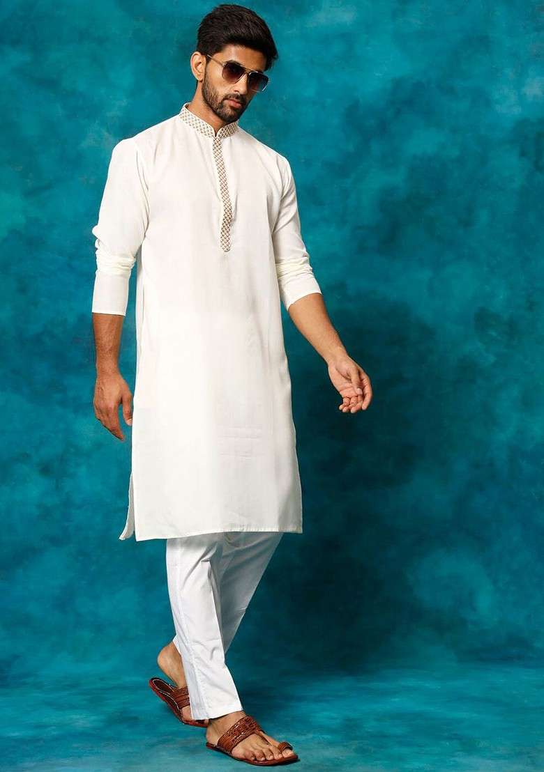 Cream Thread Work Poly Blend Kurta Set For Men - Indya