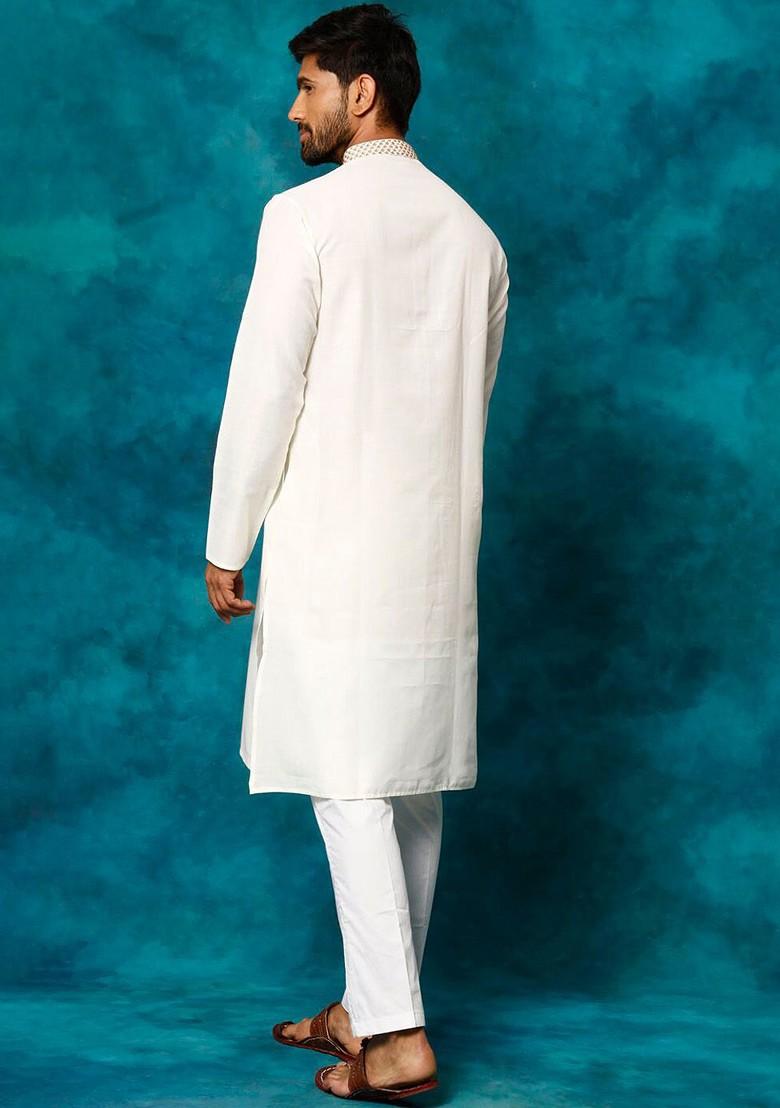 Cream Thread Work Poly Blend Kurta Set For Men