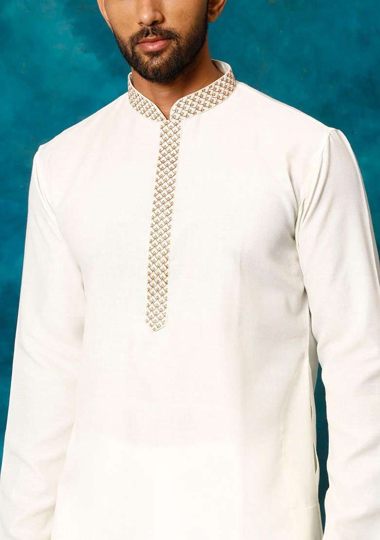 Cream Thread Work Poly Blend Kurta Set For Men - Indya