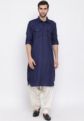 Navy Blue Solid Pathani Kurta Set For Men