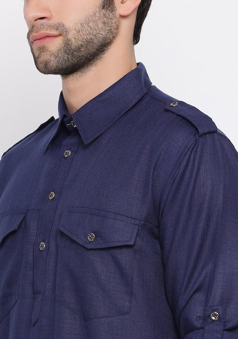 Navy Blue Solid Pathani Kurta Set For Men