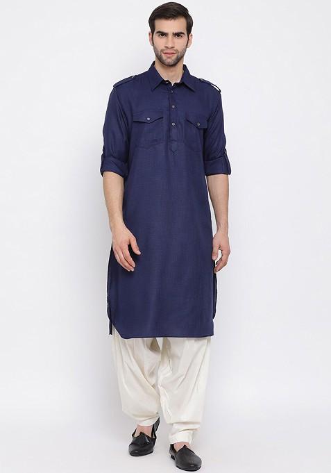 Navy Blue Solid Pathani Kurta Set For Men
