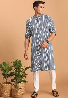 Blue Striped Cotton Kurta Set For Men