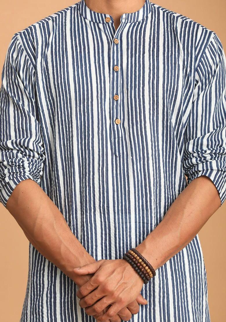 Blue Striped Cotton Kurta Set For Men