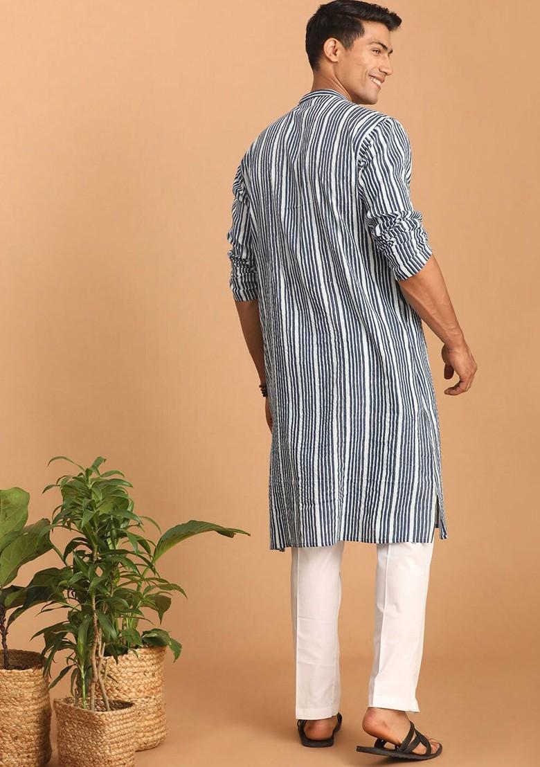 Blue Striped Cotton Kurta Set For Men