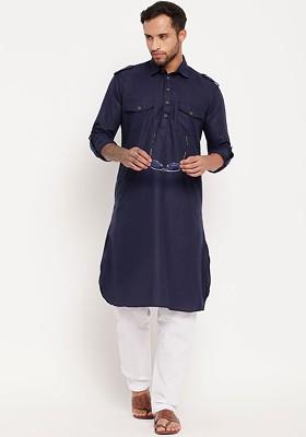 Navy Blue Solid Pathani Kurta Set For Men