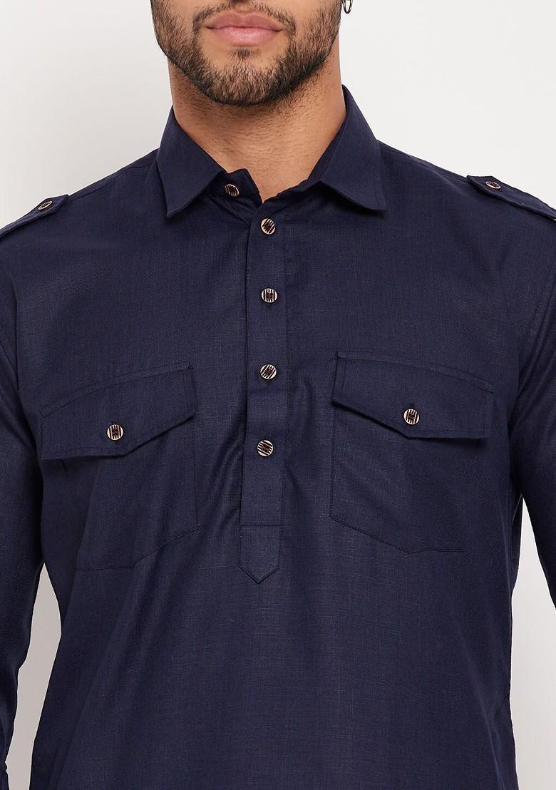 Navy Blue Solid Pathani Kurta Set For Men