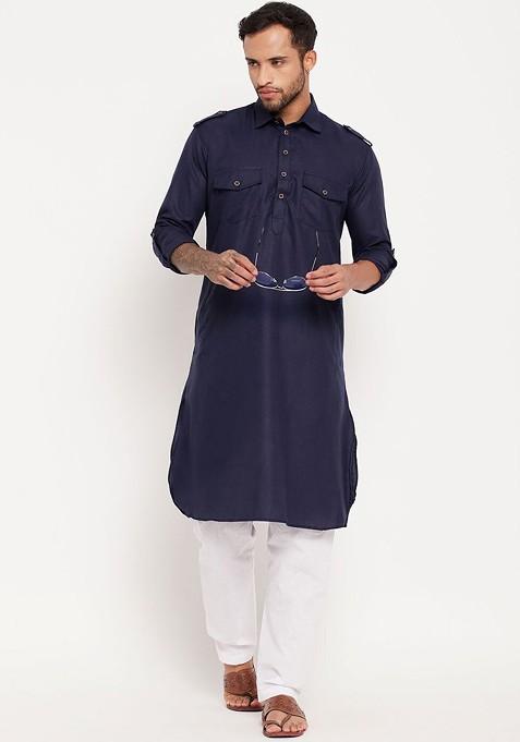 Navy Blue Solid Pathani Kurta Set For Men — view on Indya