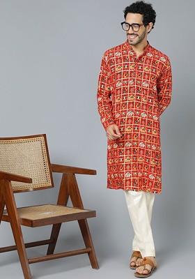 Red Ethnic Motifs Poly Blend Kurta Set For Men