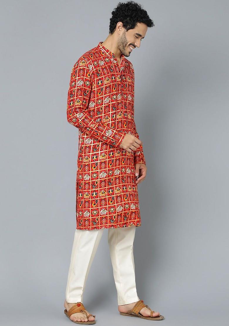 Red Ethnic Motifs Poly Blend Kurta Set For Men