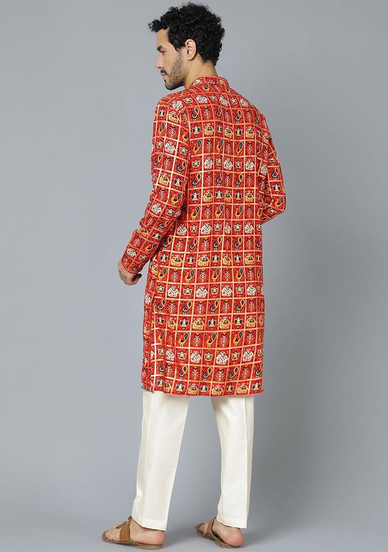 Red Ethnic Motifs Poly Blend Kurta Set For Men