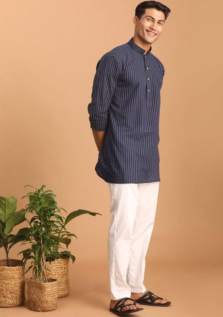 Navy Blue Striped Cotton Kurta Set For Men