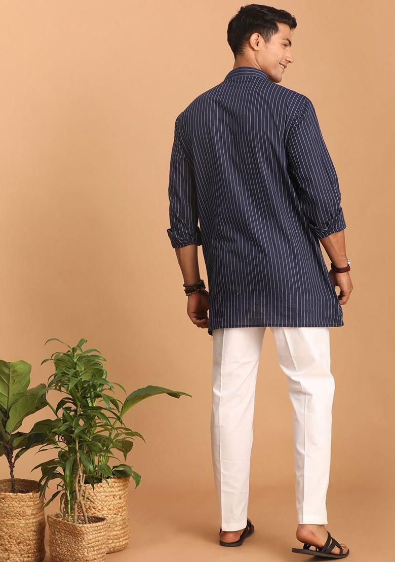 Navy Blue Striped Cotton Kurta Set For Men